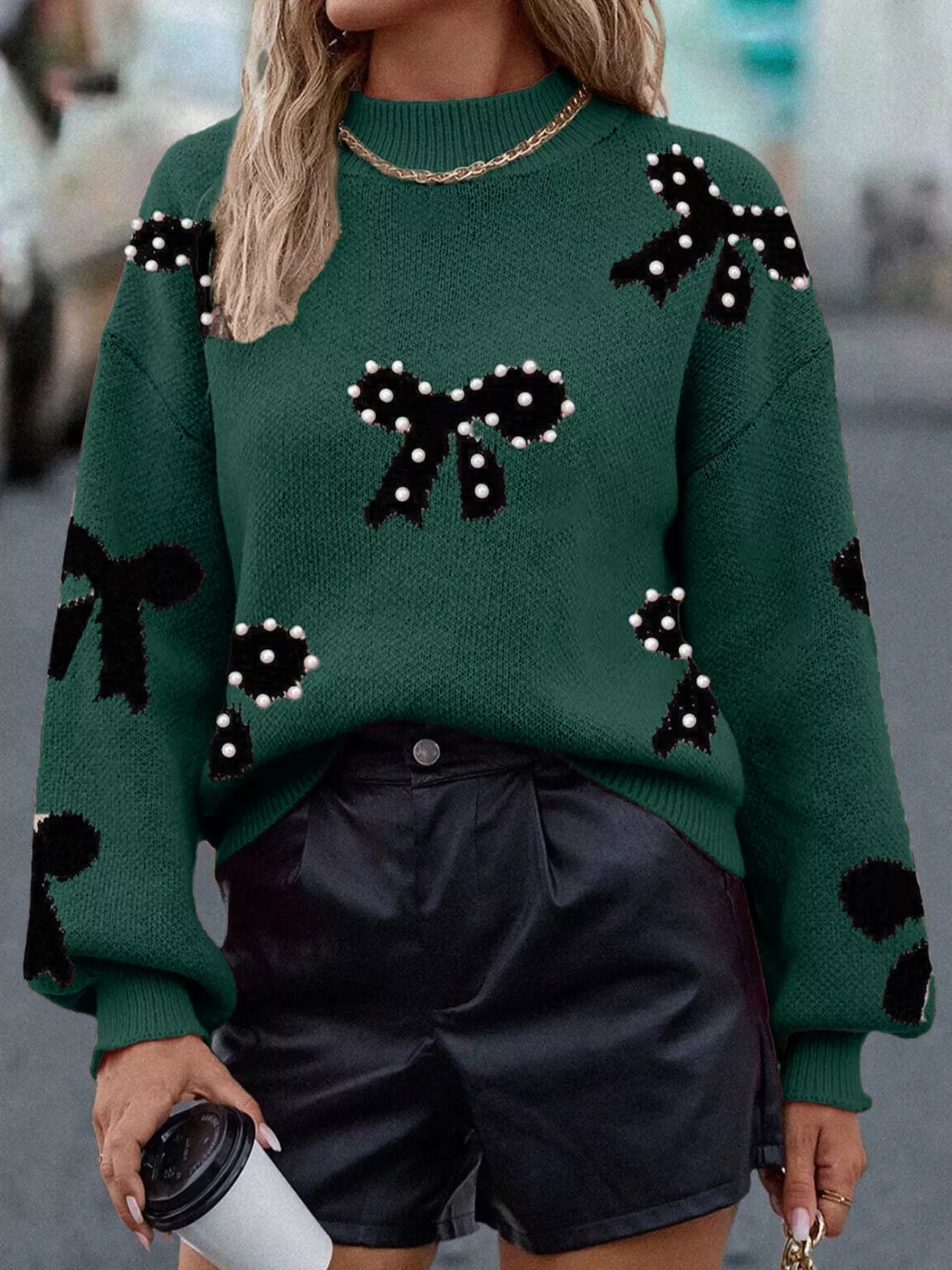 Pearl Bow - Embellished Long Sleeve Sweater - Rochelle's House LLC