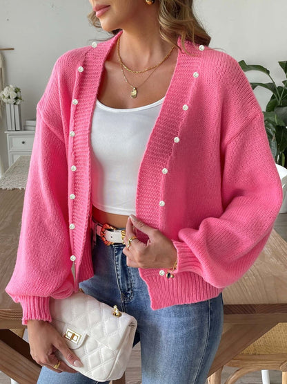 Front view of Pearl Open Front Long Sleeve Cardigan in Fuchsia Pink showing neckline and sleeve details