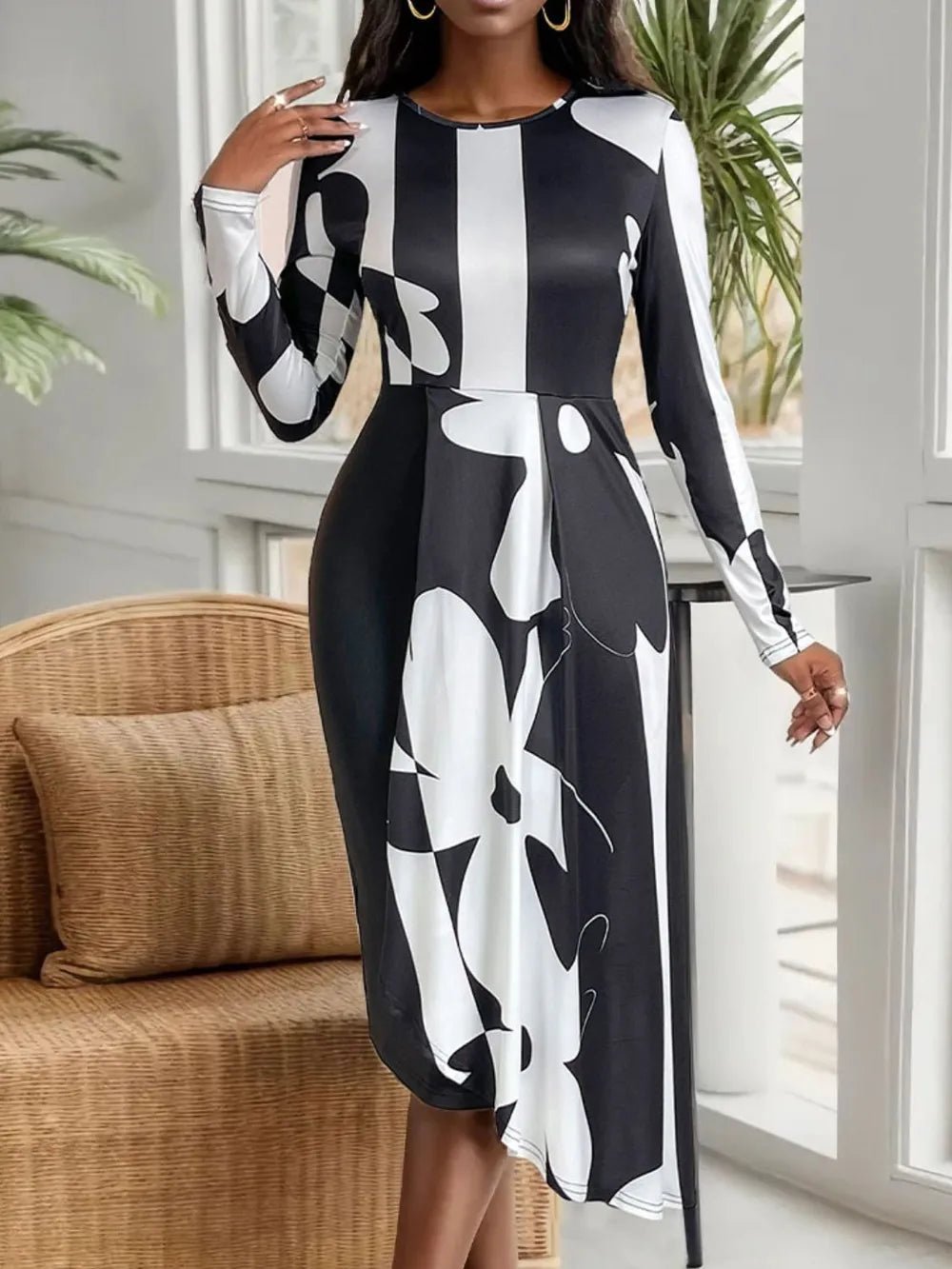 Perfee Asymmetrical Slit Round Neck Long Sleeve Midi Dress - Rochelle's House LLC