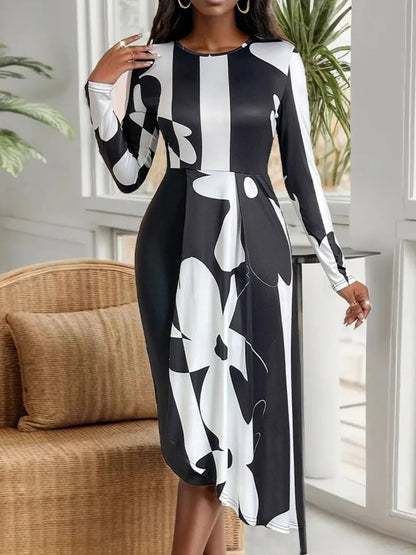 Perfee Asymmetrical Slit Round Neck Long Sleeve Midi Dress - Rochelle's House LLC