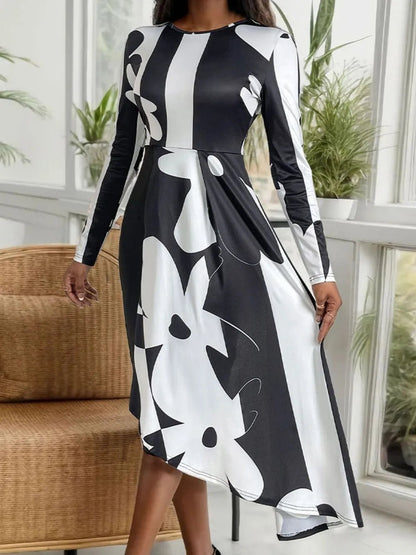 Perfee Asymmetrical Slit Round Neck Long Sleeve Midi Dress - Rochelle's House LLC