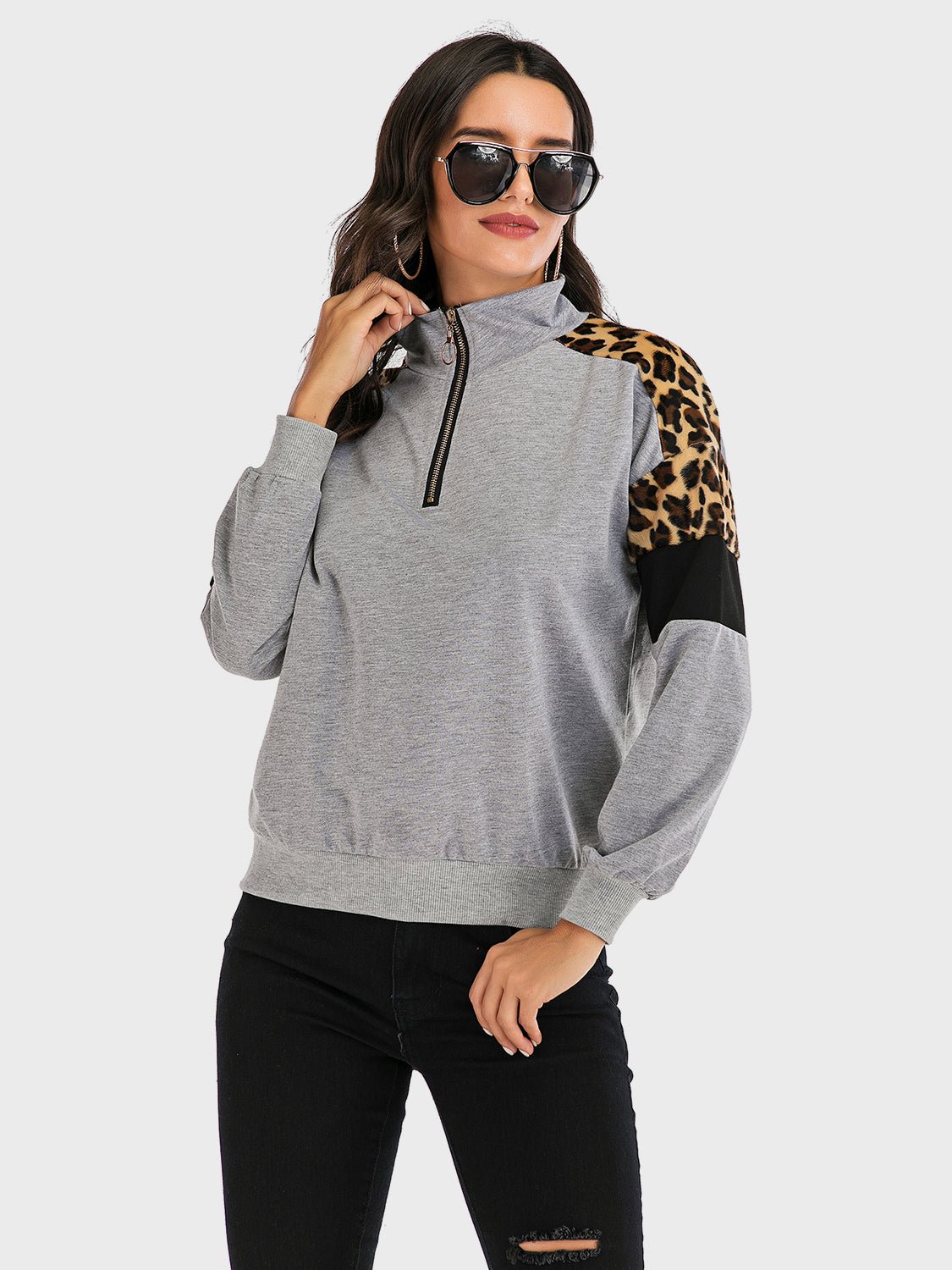 Front view of Perfee Contrast Leopard Half Zip Long Sleeve Sweatshirt in Gray showing neckline and sleeve details