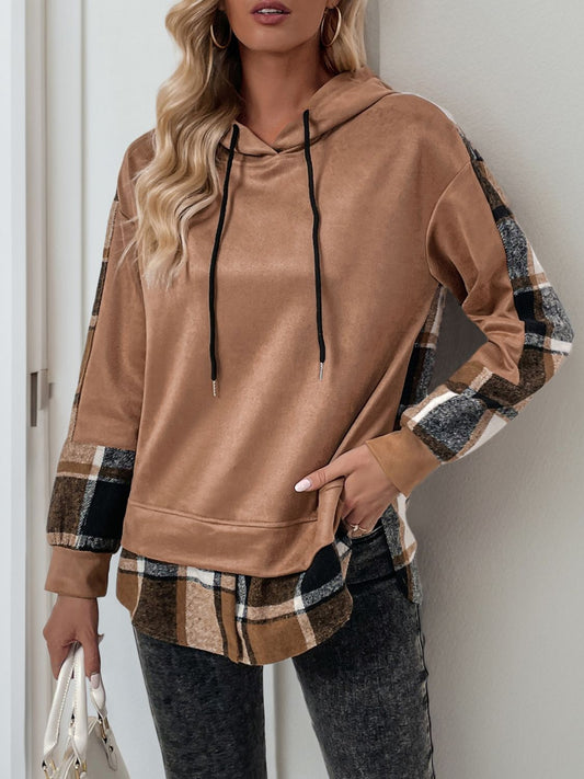 Front view of Perfee Drawstring Slit Plaid Long Sleeve Hoodie in Camel showing neckline and sleeve details