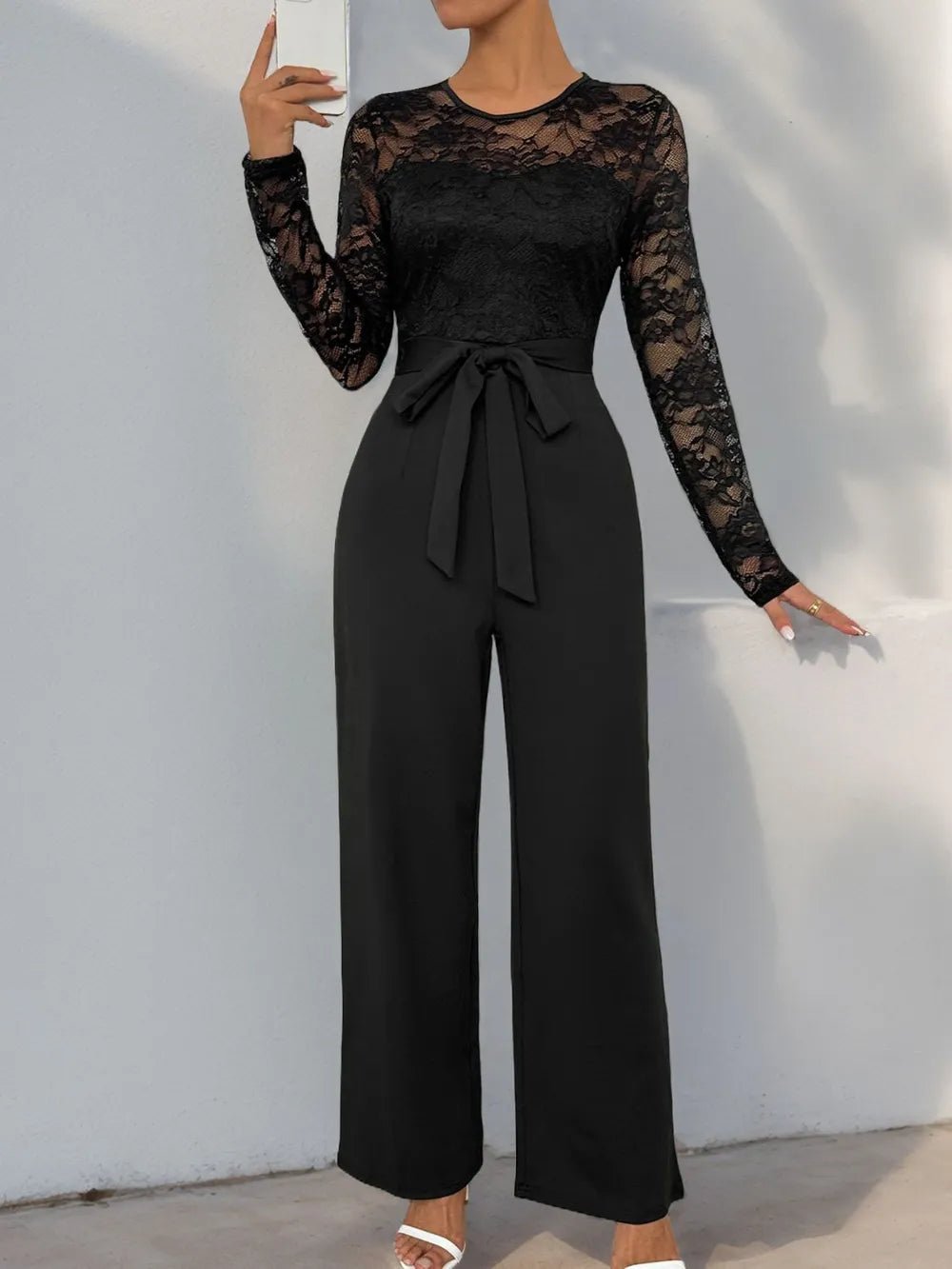 Perfee Lace Round Neck Long Sleeve Jumpsuit - Rochelle's House LLC