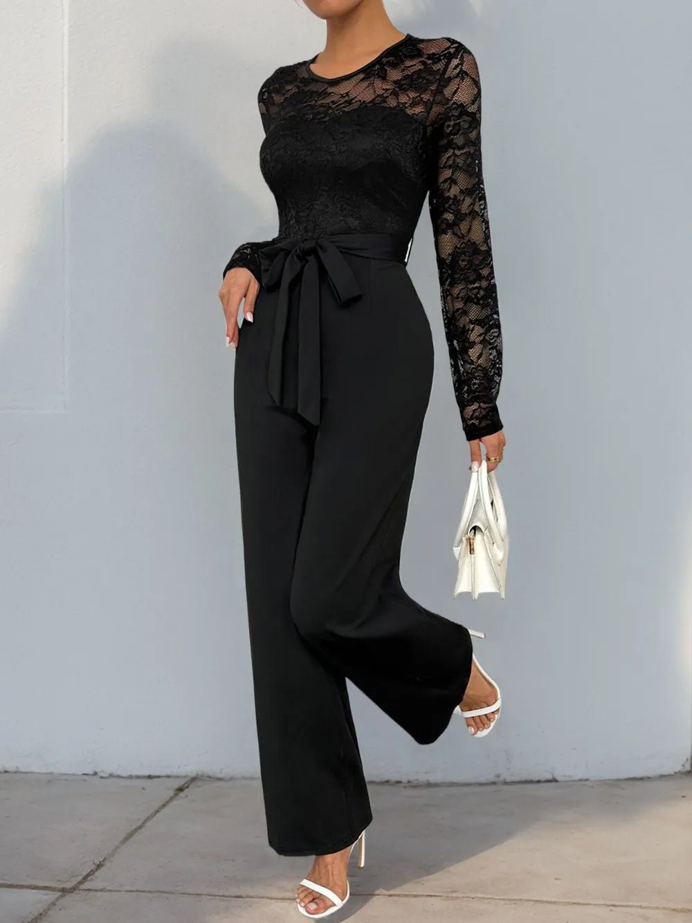 Perfee Lace Round Neck Long Sleeve Jumpsuit - Rochelle's House LLC