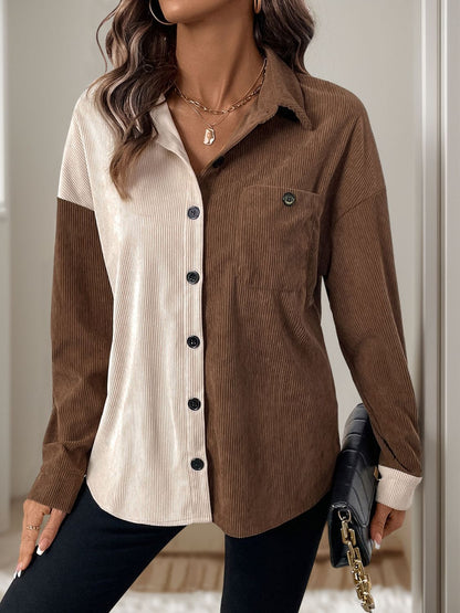 Front view of Perfee Pocketed Contrast Collared Neck Long Sleeve Shirt in Coffee Brown showing neckline and sleeve details