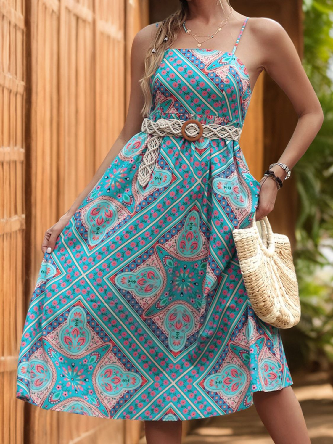 Front view of Perfee Printed Spaghetti Strap Midi Dress in Teal showing neckline and sleeve details