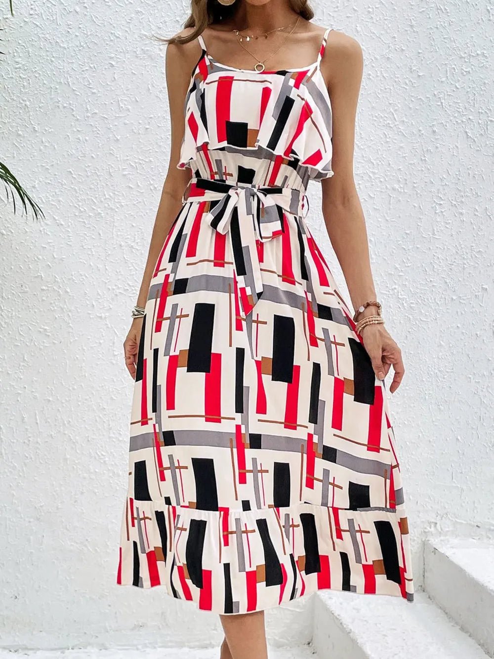 Front view of Perfee Ruffled Printed Tie Waist Midi Dress in Multicolor showing neckline and sleeve details