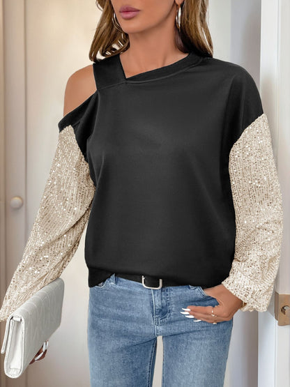 Front view of Perfee Sequin Asymmetrical Neck Long Sleeve Sweatshirt in Black showing neckline and sleeve details