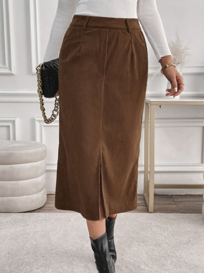 Front view of Perfee Slit Midi Skirt with Pockets in Brown showing neckline and sleeve details