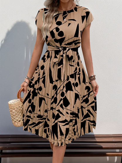 Perfee Tied Pleated Printed Cap Sleeve Dress - Rochelle's House LLC