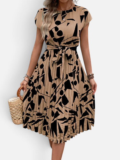 Perfee Tied Pleated Printed Cap Sleeve Dress - Rochelle's House LLC