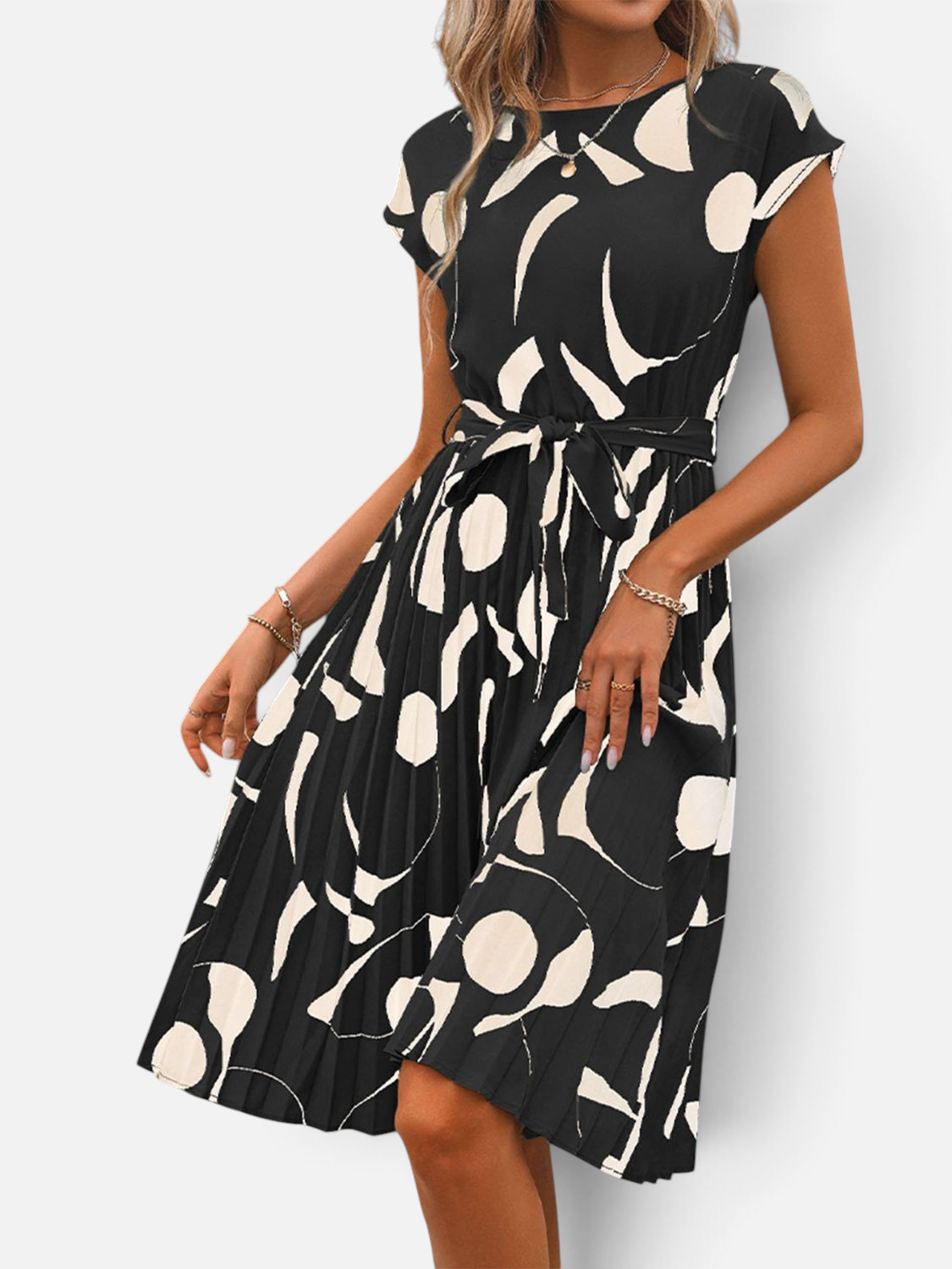 Perfee Tied Pleated Printed Cap Sleeve Dress - Rochelle's House LLC