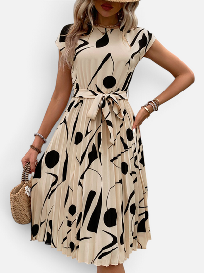 Perfee Tied Pleated Printed Cap Sleeve Dress - Rochelle's House LLC