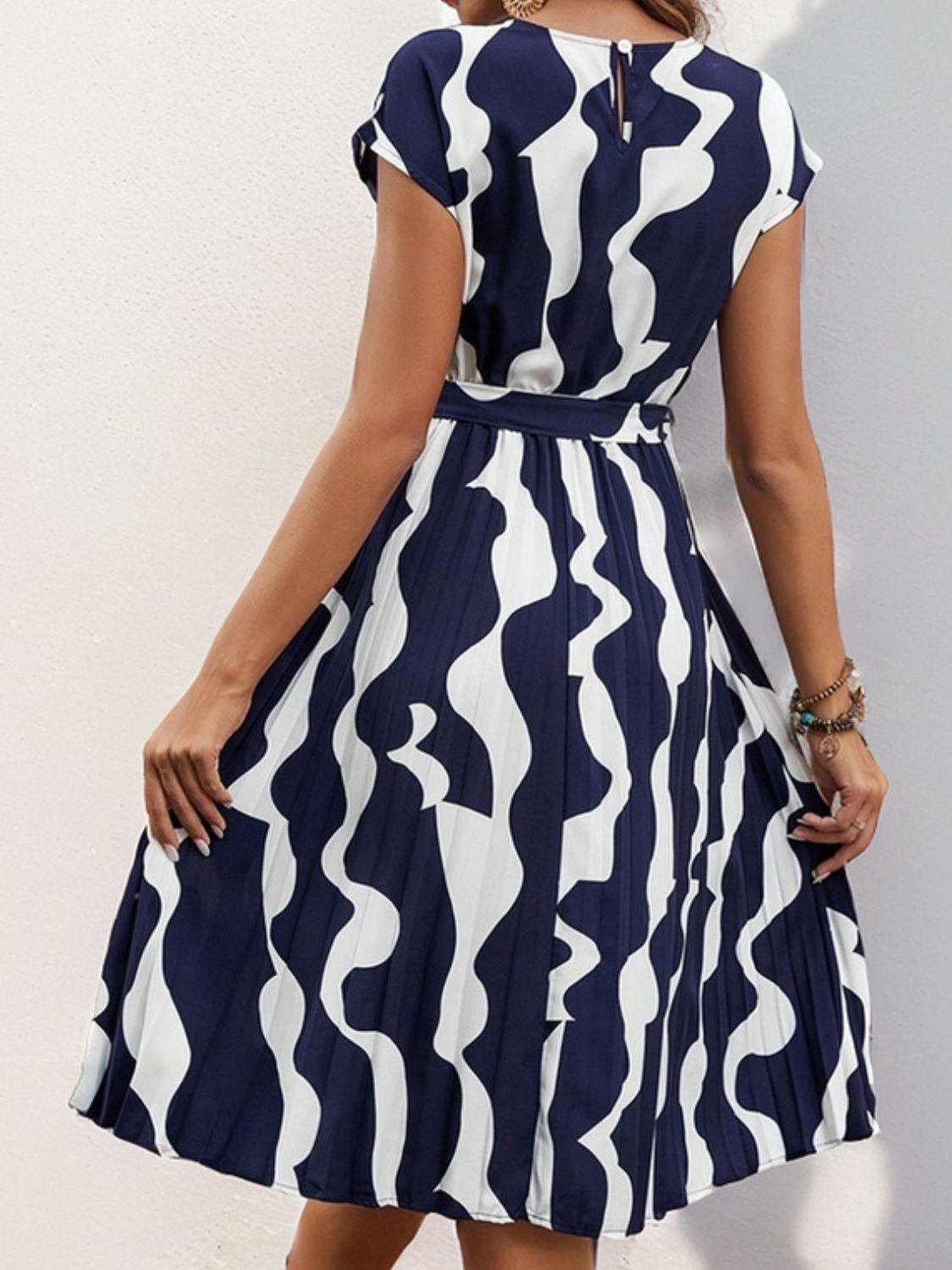 Perfee Tied Pleated Printed Cap Sleeve Dress - Rochelle's House LLC