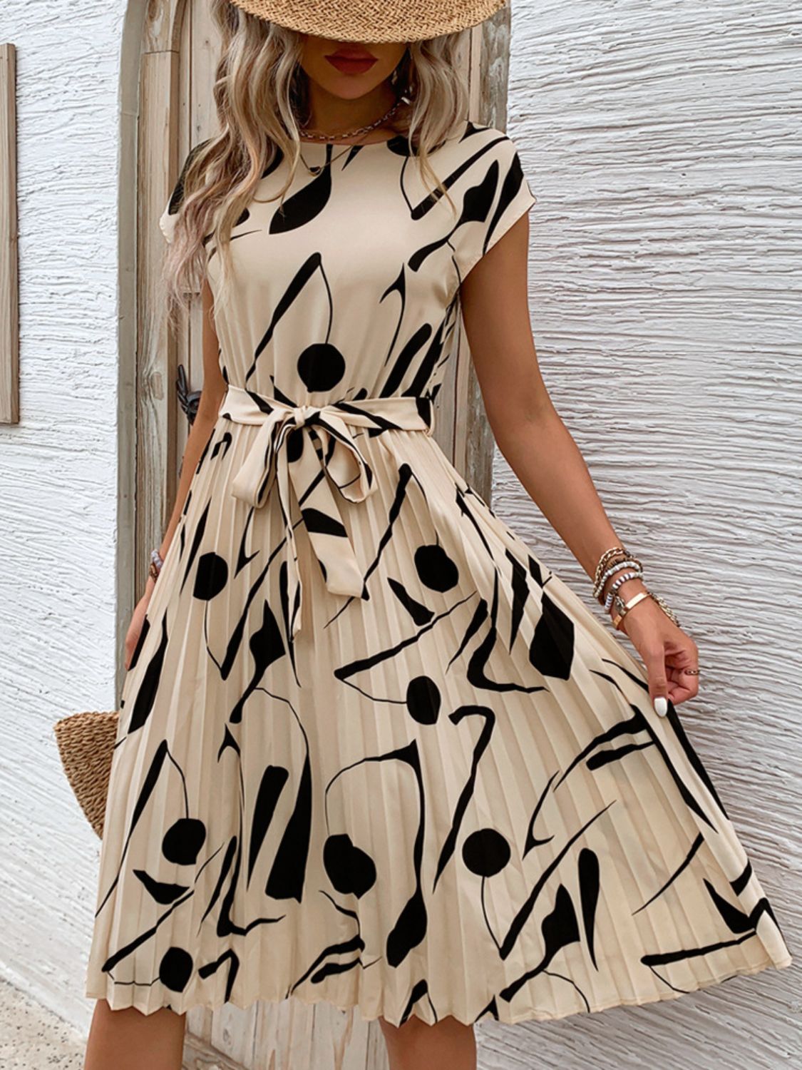 Perfee Tied Pleated Printed Cap Sleeve Dress - Rochelle's House LLC
