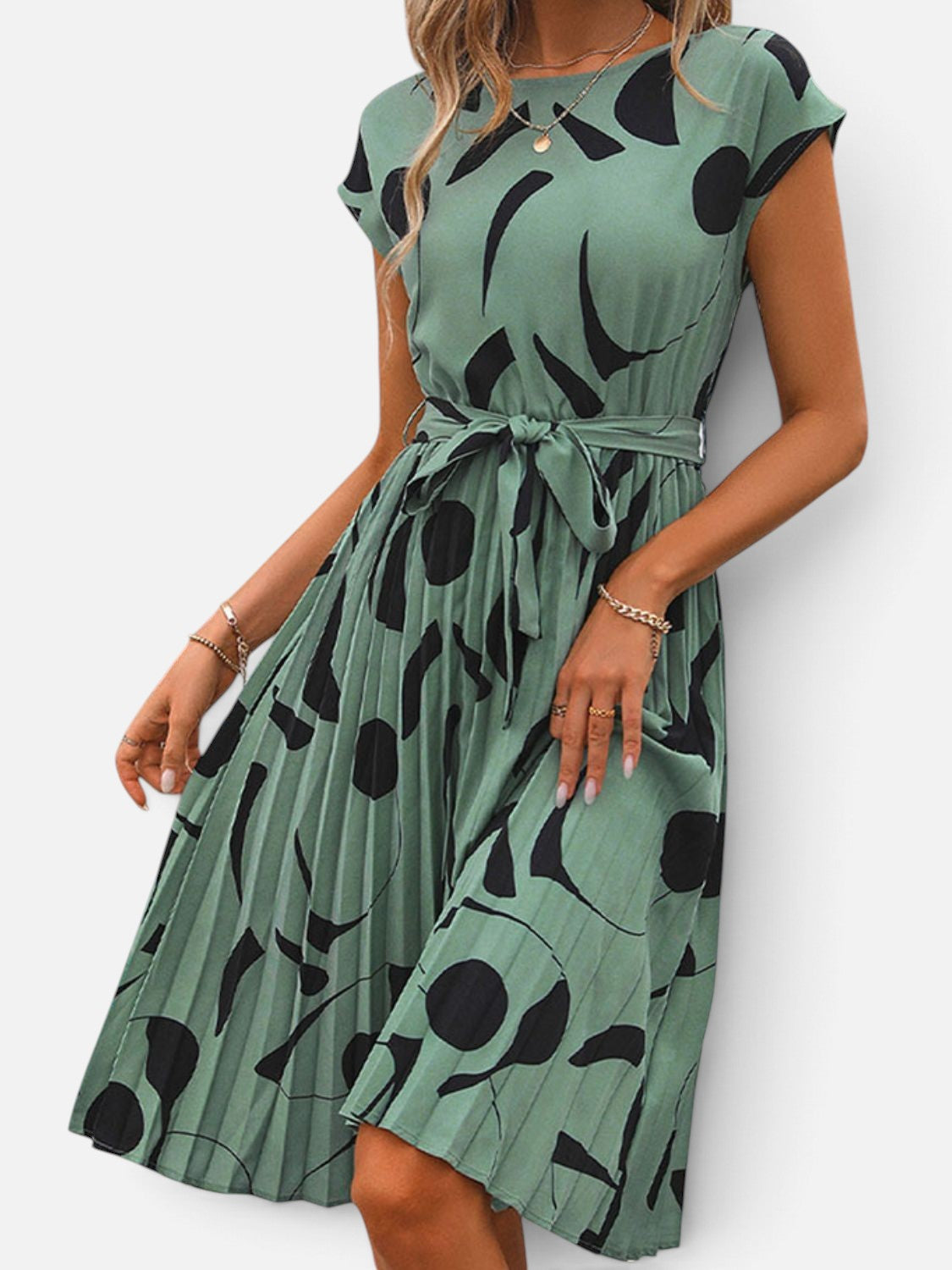 Perfee Tied Pleated Printed Cap Sleeve Dress - Rochelle's House LLC