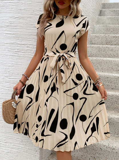 Perfee Tied Pleated Printed Cap Sleeve Dress - Rochelle's House LLC