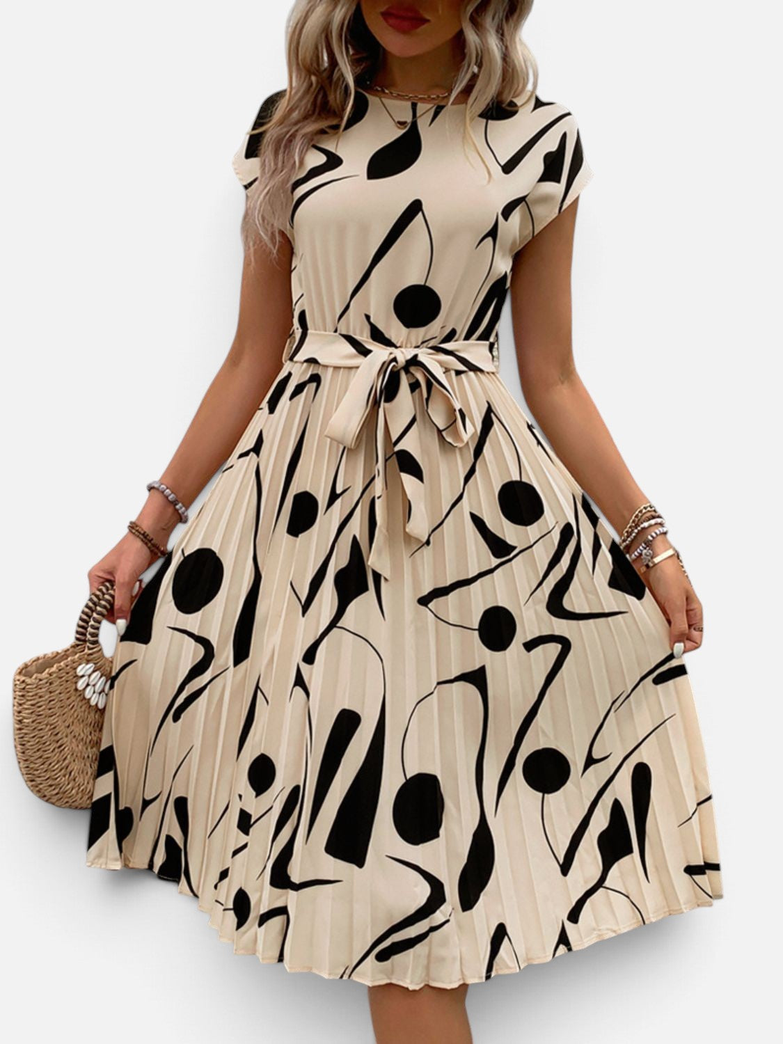 Perfee Tied Pleated Printed Cap Sleeve Dress - Rochelle's House LLC