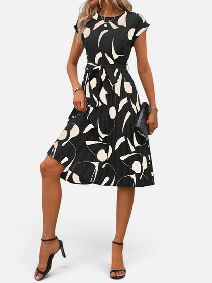 Perfee Tied Pleated Printed Cap Sleeve Dress - Rochelle's House LLC