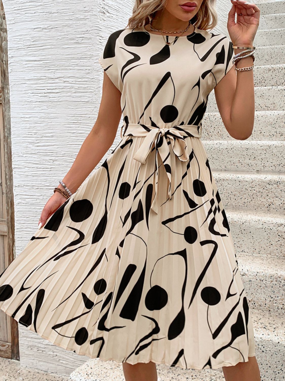Perfee Tied Pleated Printed Cap Sleeve Dress - Rochelle's House LLC