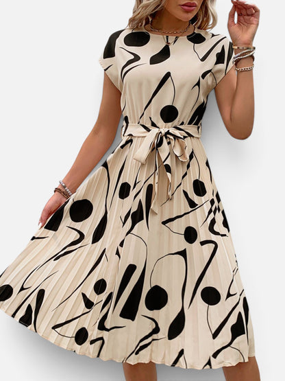 Perfee Tied Pleated Printed Cap Sleeve Dress - Rochelle's House LLC
