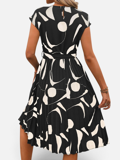 Perfee Tied Pleated Printed Cap Sleeve Dress - Rochelle's House LLC
