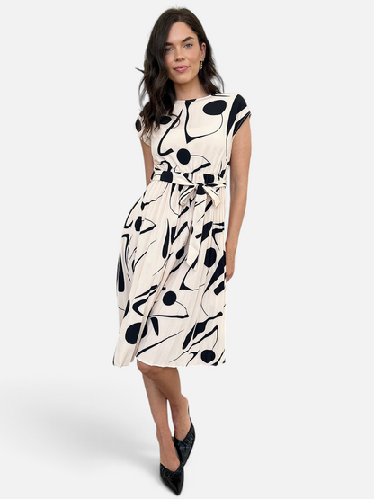 Perfee Tied Pleated Printed Cap Sleeve Dress - Rochelle's House LLC