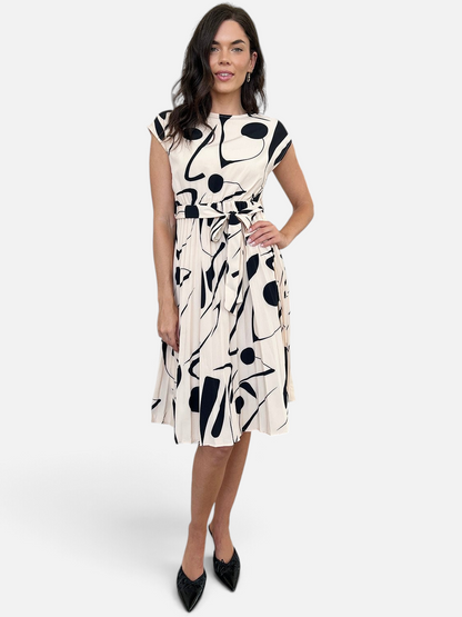 Perfee Tied Pleated Printed Cap Sleeve Dress - Rochelle's House LLC