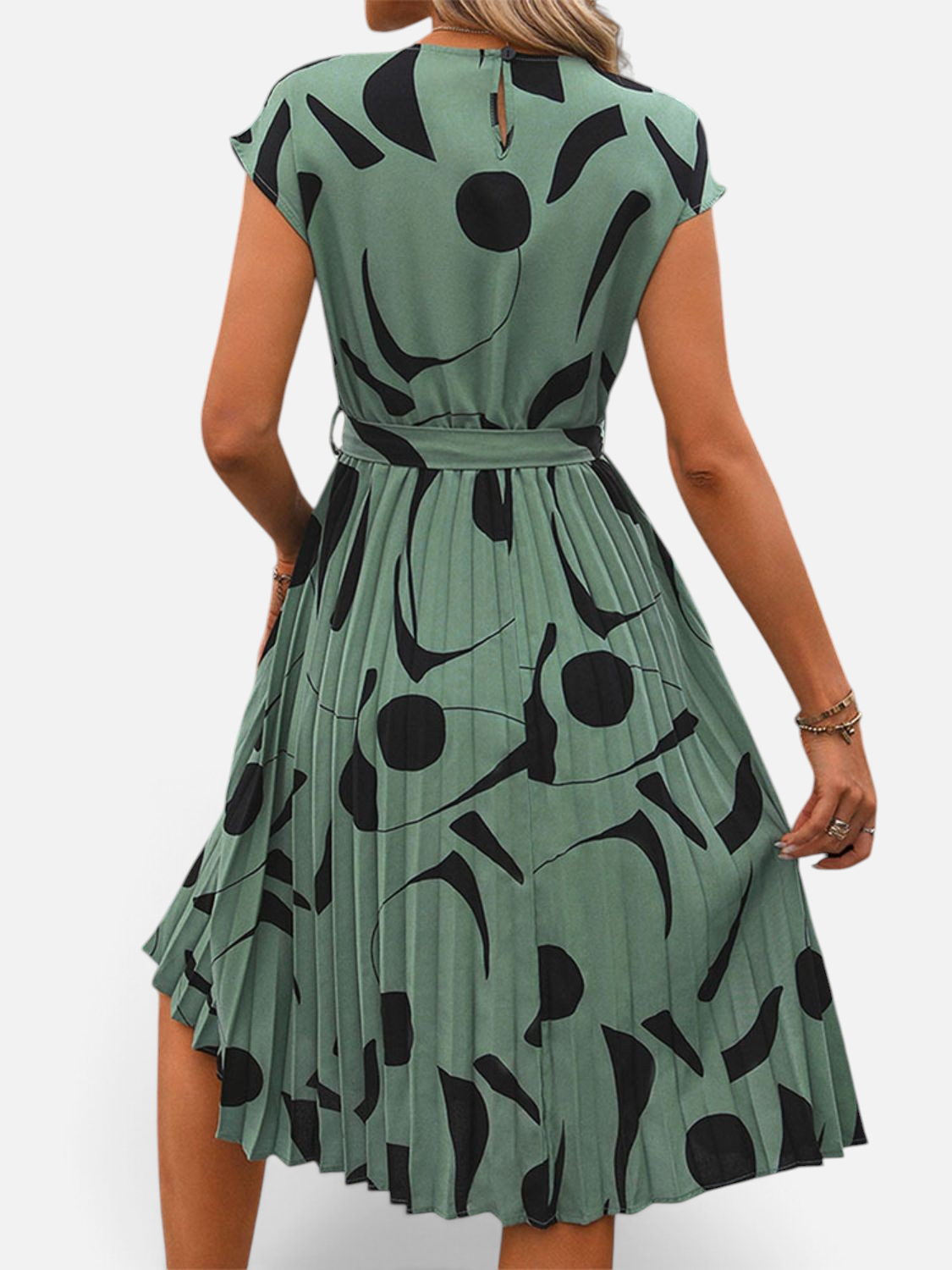 Perfee Tied Pleated Printed Cap Sleeve Dress - Rochelle's House LLC