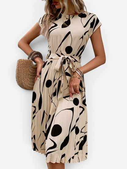 Perfee Tied Pleated Printed Cap Sleeve Dress - Rochelle's House LLC