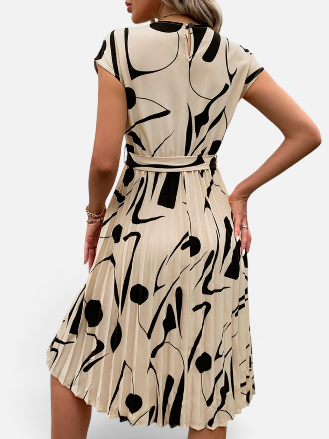 Perfee Tied Pleated Printed Cap Sleeve Dress - Rochelle's House LLC