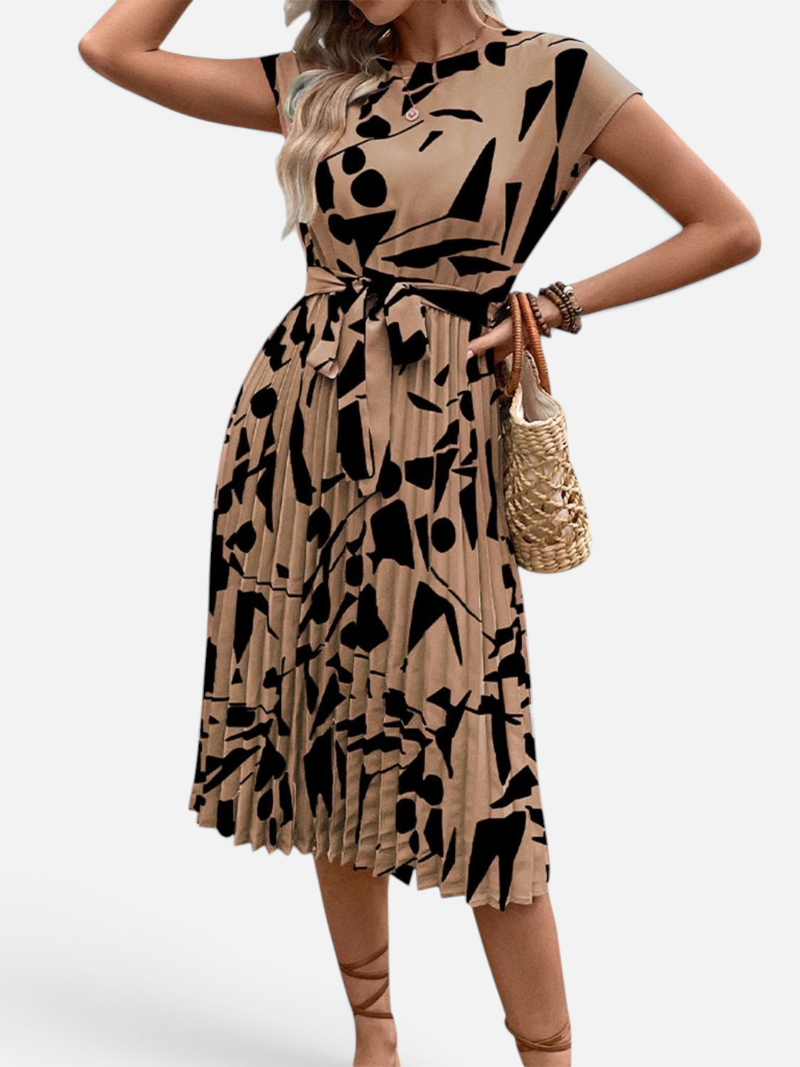 Perfee Tied Pleated Printed Cap Sleeve Dress - Rochelle's House LLC