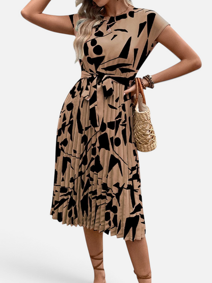 Perfee Tied Pleated Printed Cap Sleeve Dress - Rochelle's House LLC