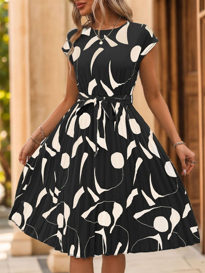 Perfee Tied Pleated Printed Cap Sleeve Dress - Rochelle's House LLC