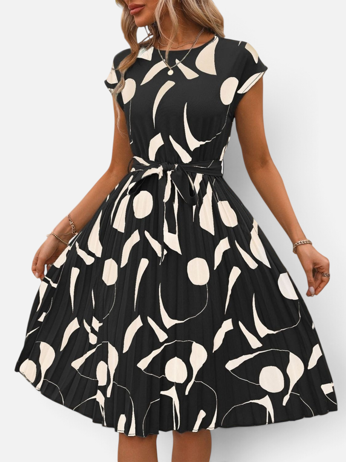 Perfee Tied Pleated Printed Cap Sleeve Dress - Rochelle's House LLC