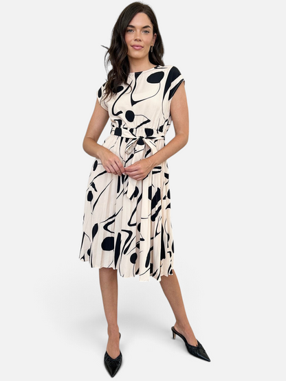 Perfee Tied Pleated Printed Cap Sleeve Dress - Rochelle's House LLC