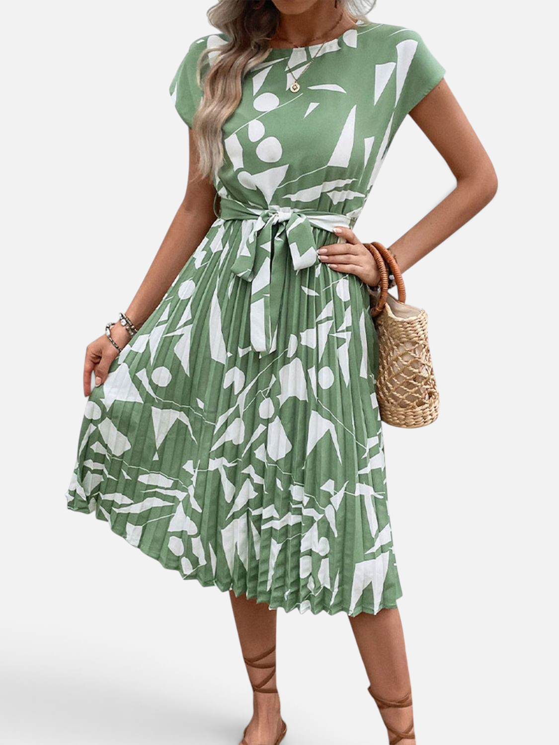 Perfee Tied Pleated Printed Cap Sleeve Dress - Rochelle's House LLC