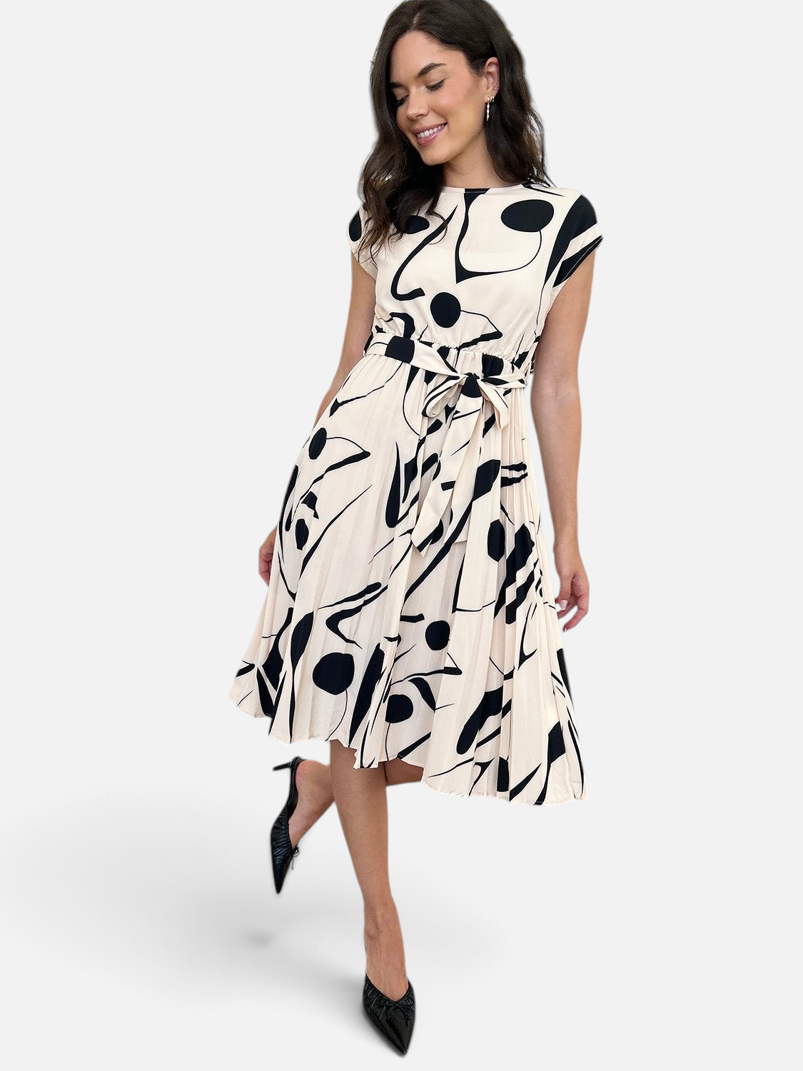 Perfee Tied Pleated Printed Cap Sleeve Dress - Rochelle's House LLC