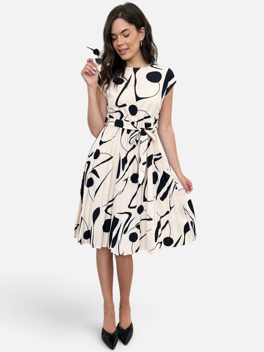 Perfee Tied Pleated Printed Cap Sleeve Dress - Rochelle's House LLC
