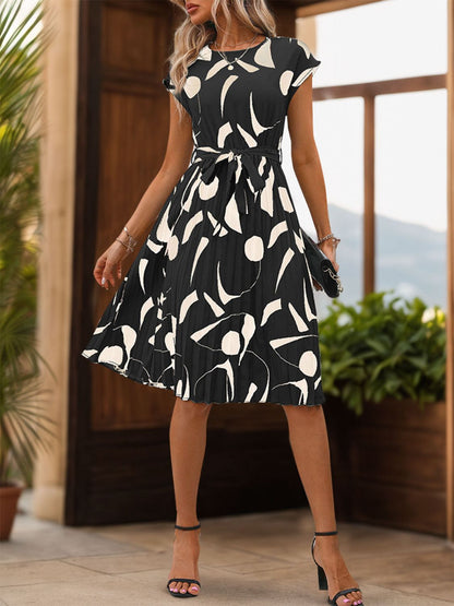 Perfee Tied Pleated Printed Cap Sleeve Dress - Rochelle's House LLC