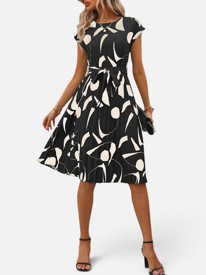 Perfee Tied Pleated Printed Cap Sleeve Dress - Rochelle's House LLC