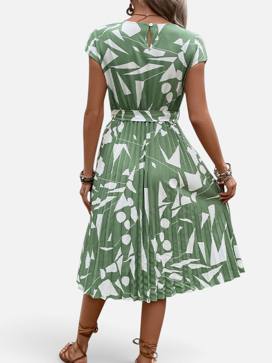 Perfee Tied Pleated Printed Cap Sleeve Dress - Rochelle's House LLC