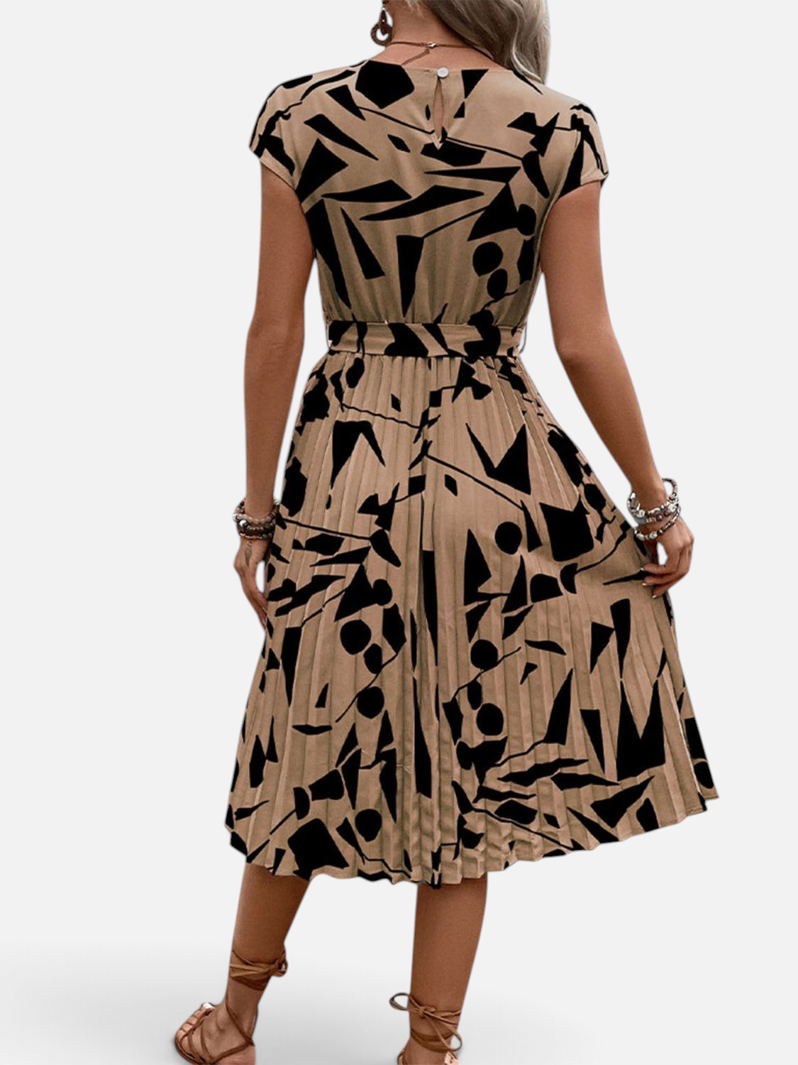 Perfee Tied Pleated Printed Cap Sleeve Dress - Rochelle's House LLC
