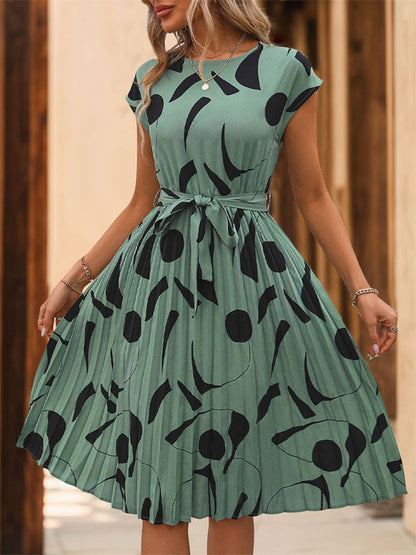 Perfee Tied Pleated Printed Cap Sleeve Dress - Rochelle's House LLC