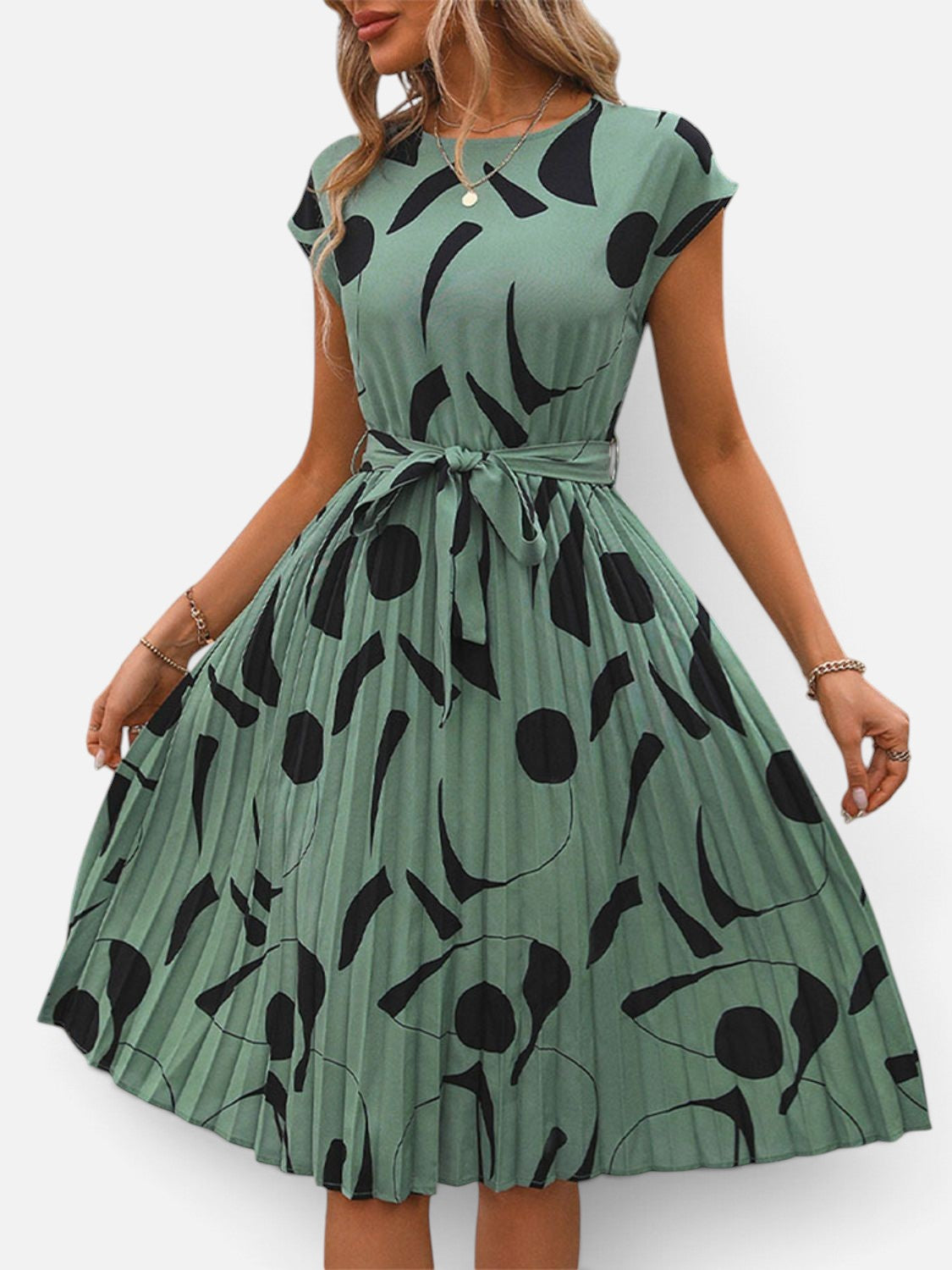 Perfee Tied Pleated Printed Cap Sleeve Dress - Rochelle's House LLC