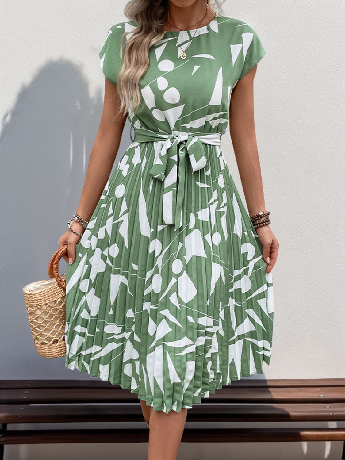 Perfee Tied Pleated Printed Cap Sleeve Dress - Rochelle's House LLC
