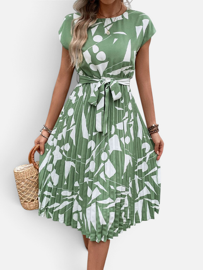 Perfee Tied Pleated Printed Cap Sleeve Dress - Rochelle's House LLC