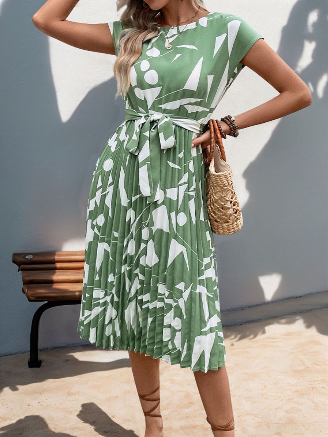 Perfee Tied Pleated Printed Cap Sleeve Dress - Rochelle's House LLC