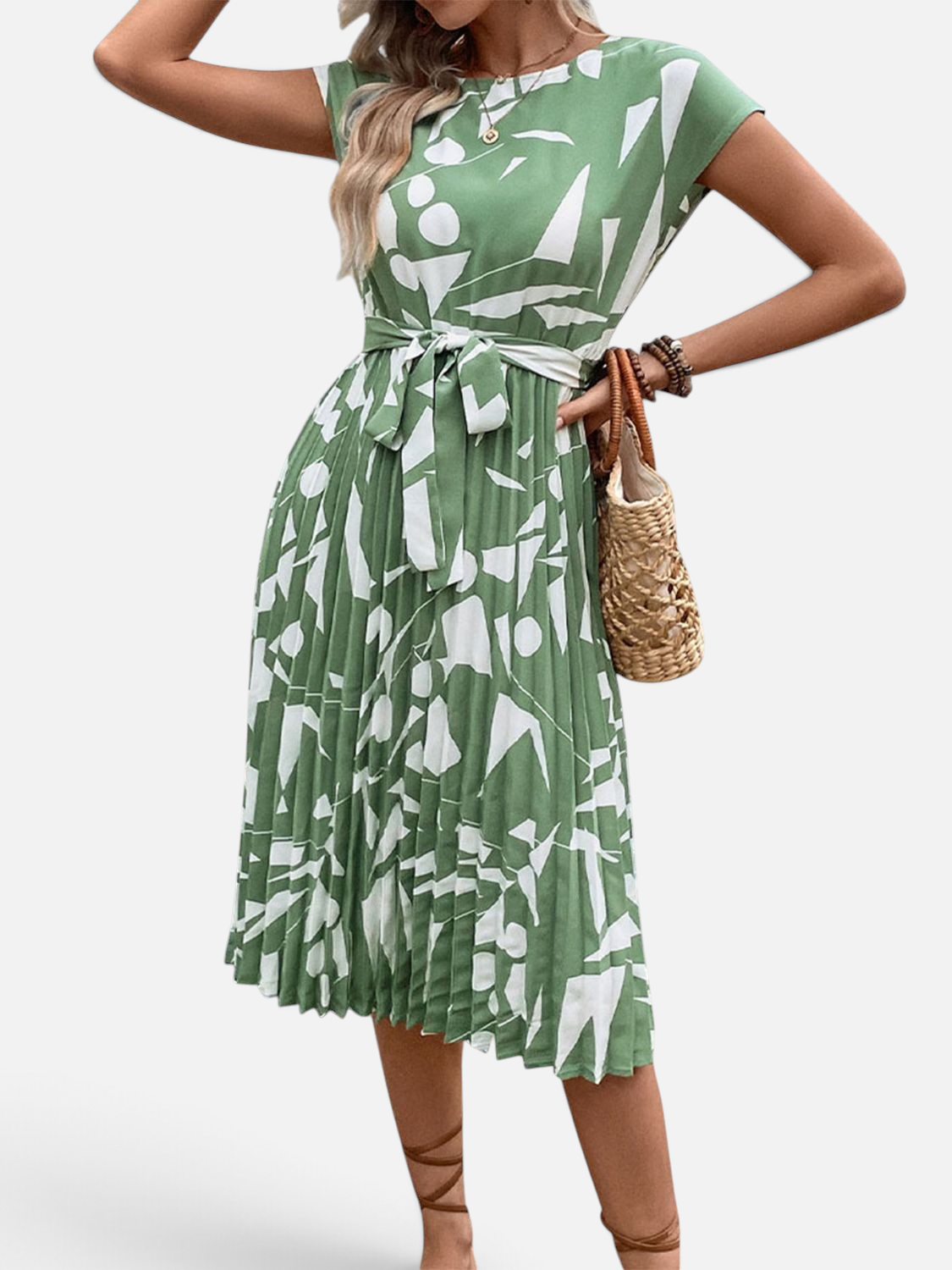 Perfee Tied Pleated Printed Cap Sleeve Dress - Rochelle's House LLC